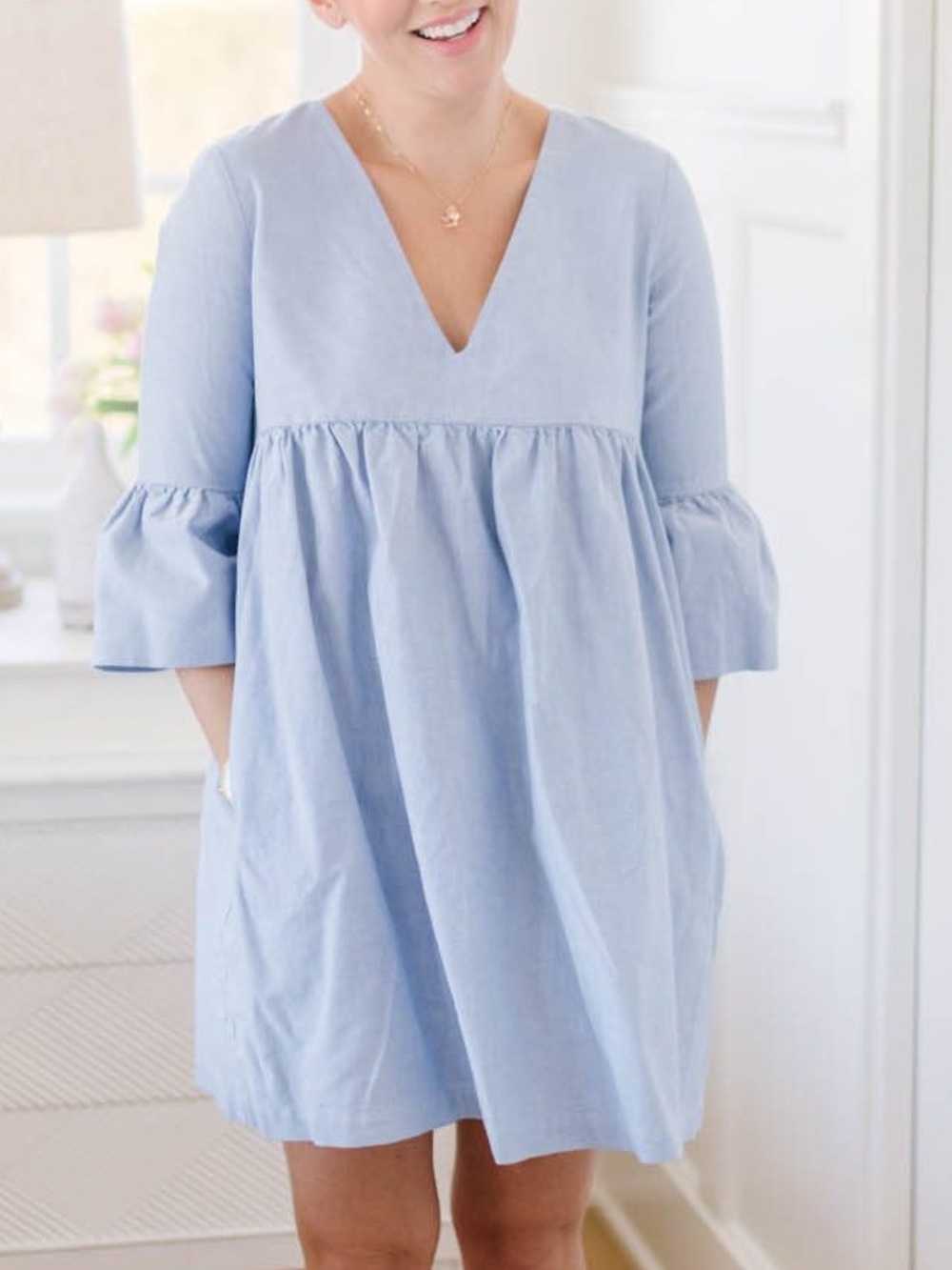 Sunday Best Aritzia size S Light Blue V-Neck Ruffle Sleeve Dress 100% Cotton